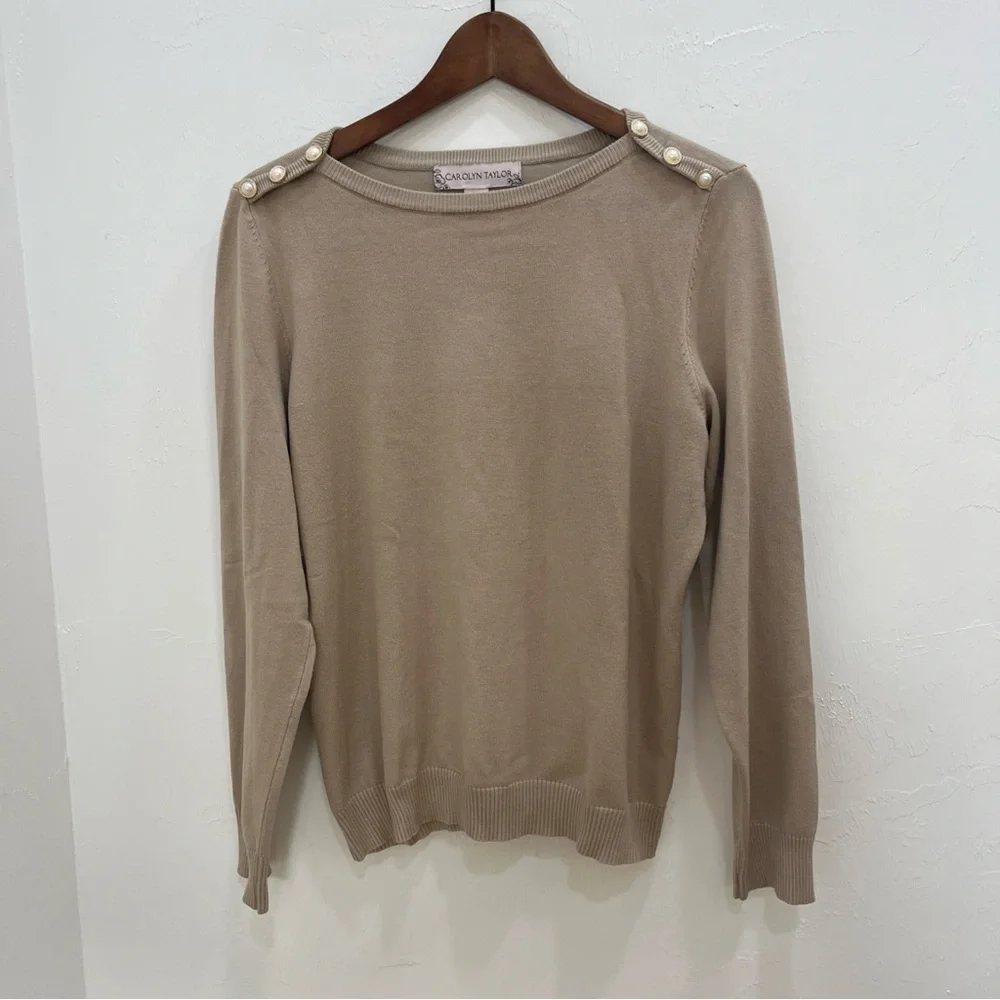 Carolyn Taylor Beige Long Sleeve Pull Over Sweater size P/XL Mock Neck Pearls